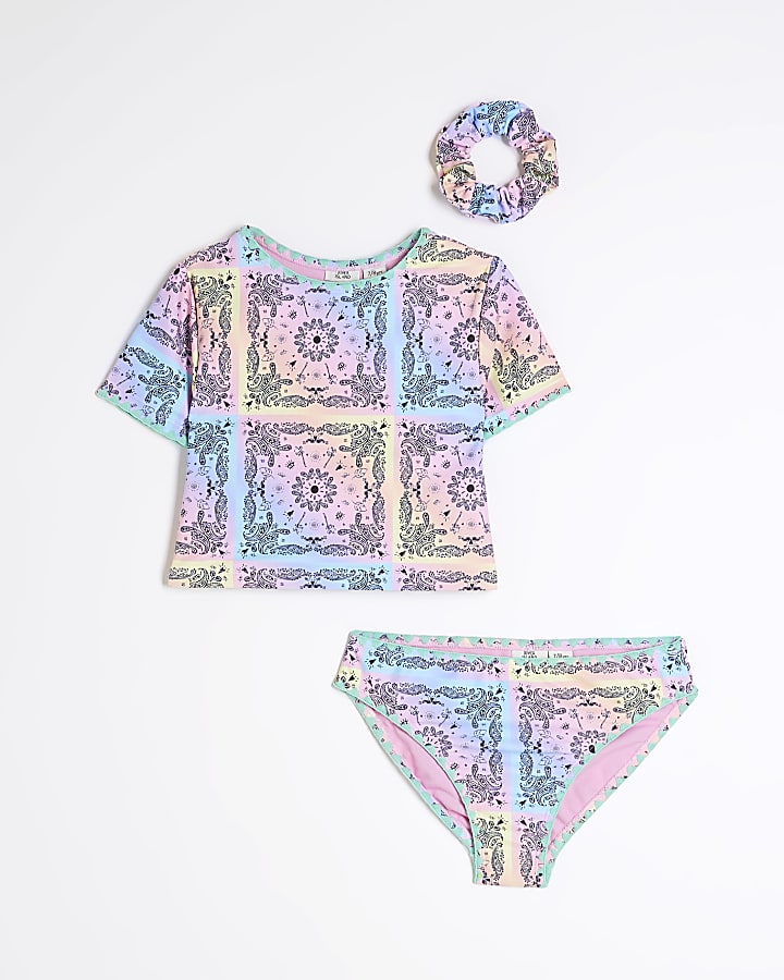 Girls Purple Bandana Print T-shirt Bikini Set