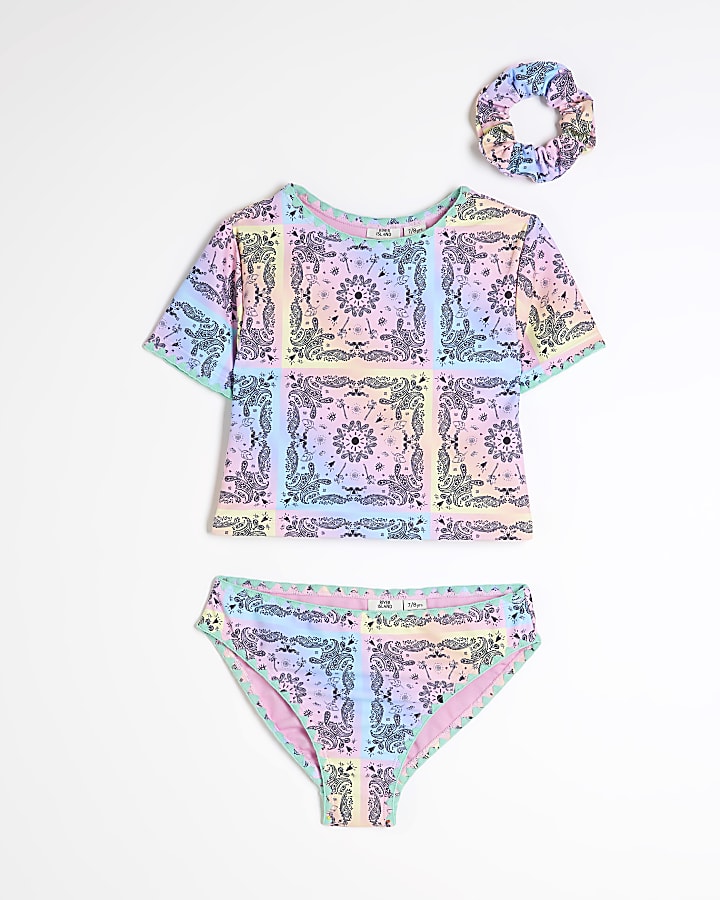 Girls Purple Bandana Print T-shirt Bikini Set