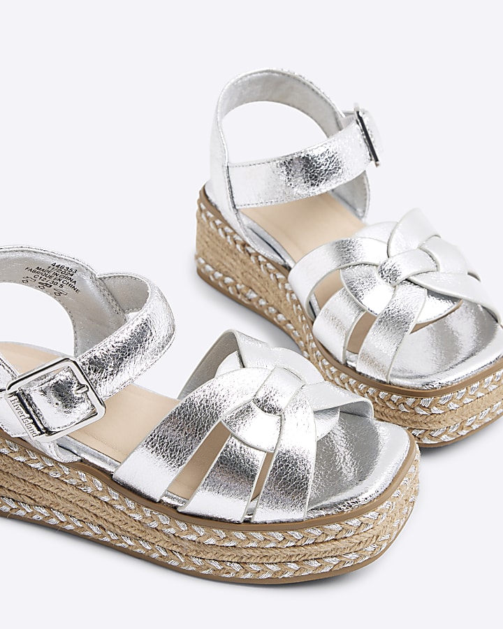 Girls Silver Weave Wedge Sandals