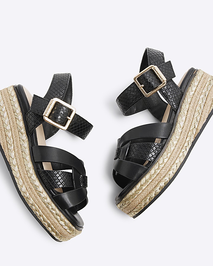 Girls Black Weave Wedge Sandals