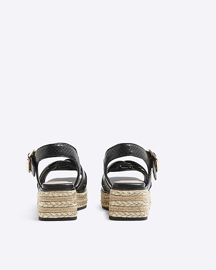 Girls Black Weave Wedge Sandals