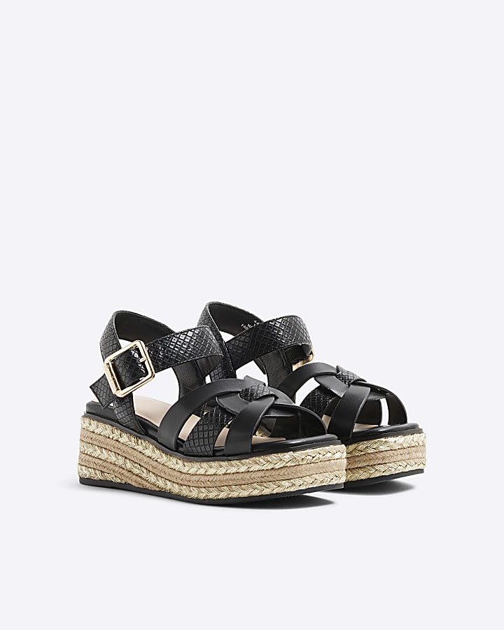 Girls Black Weave Wedge Sandals