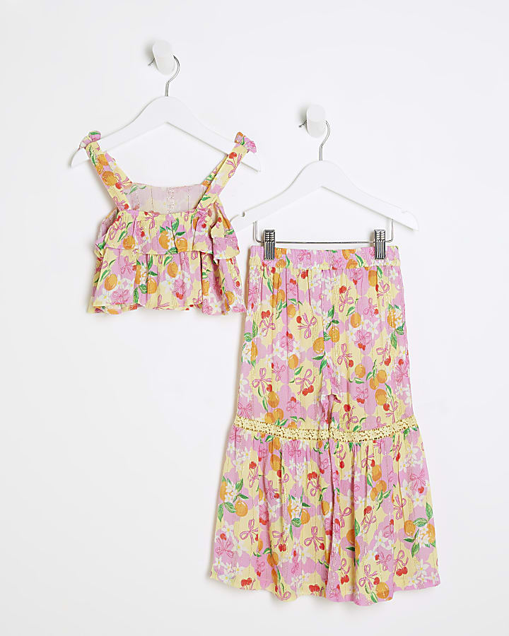 Mini Girls Pink Fruit Print Beach Trouser Set