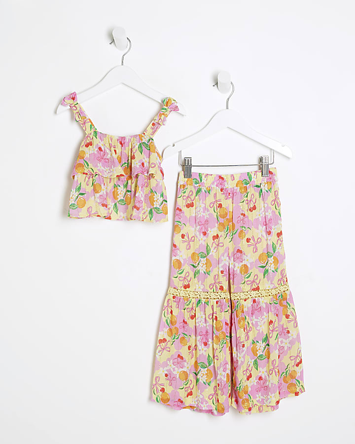 Mini Girls Pink Fruit Print Beach Trouser Set