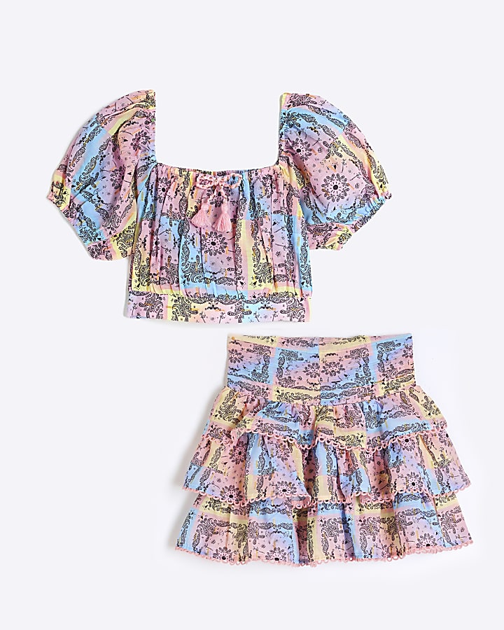 Girls Pink Bandana Tiered Skirt Set