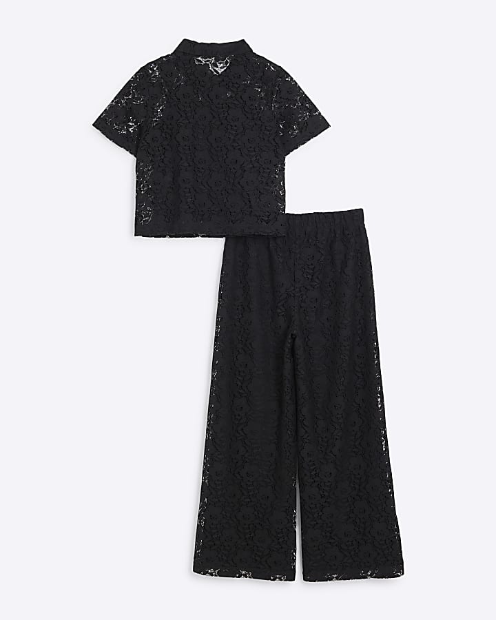 Girls Black Lace Shirt And Trousers Set