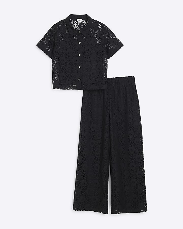 Girls Black Lace Shirt And Trousers Set