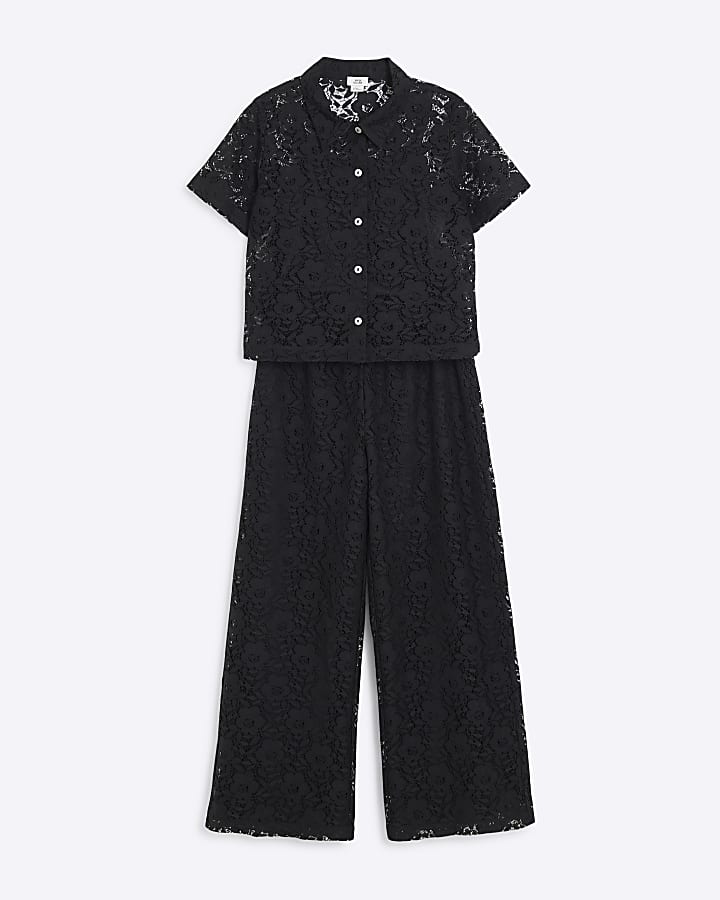 Girls Black Lace Shirt And Trousers Set