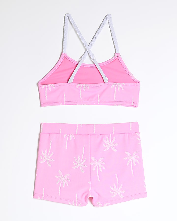 Girls Pink Floral Textured Short Bikini Set