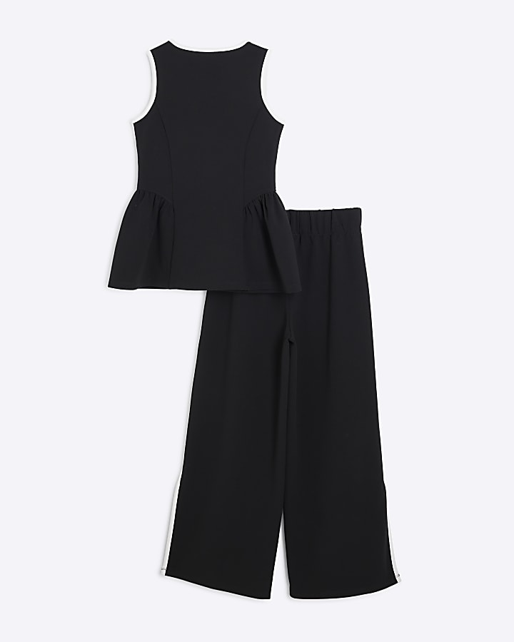 Girls Black Waistcoat & Wide Leg Trousers Set