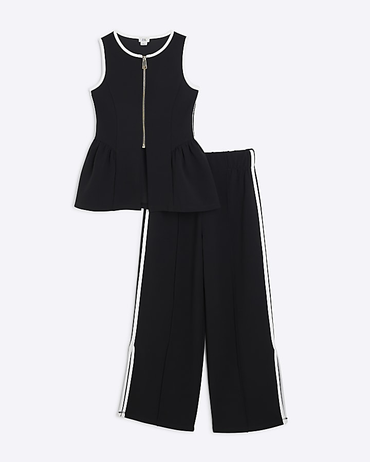 Girls Black Waistcoat & Wide Leg Trousers Set