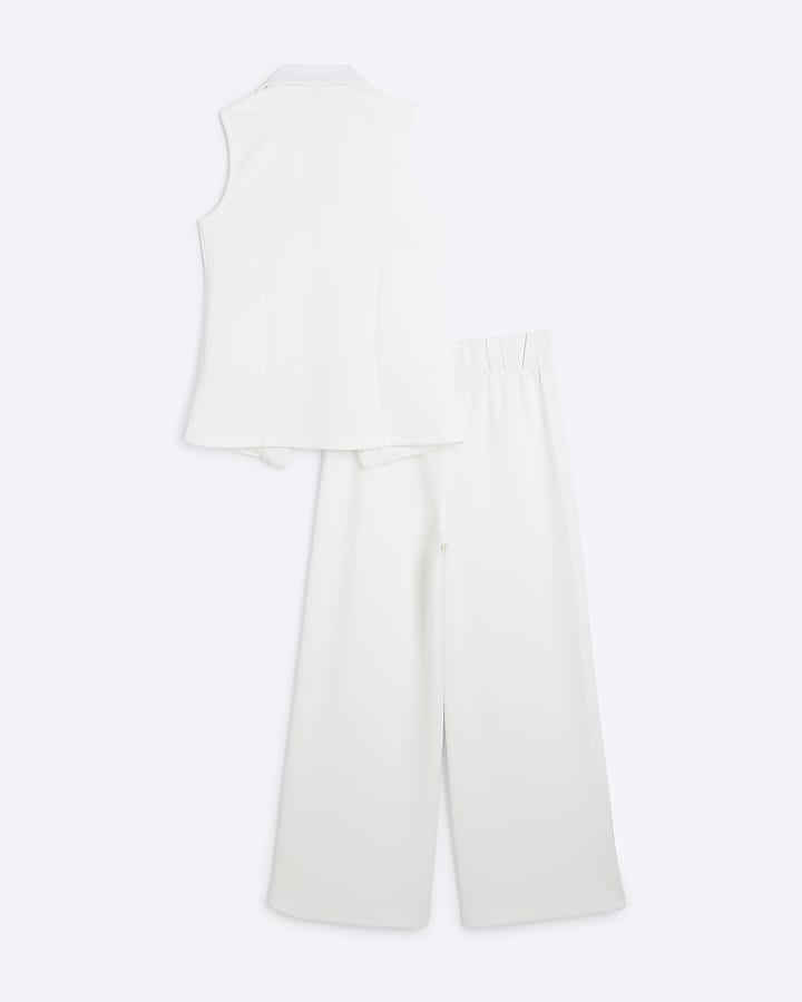 Girls White Zip Waistcoat Wide Leg Set