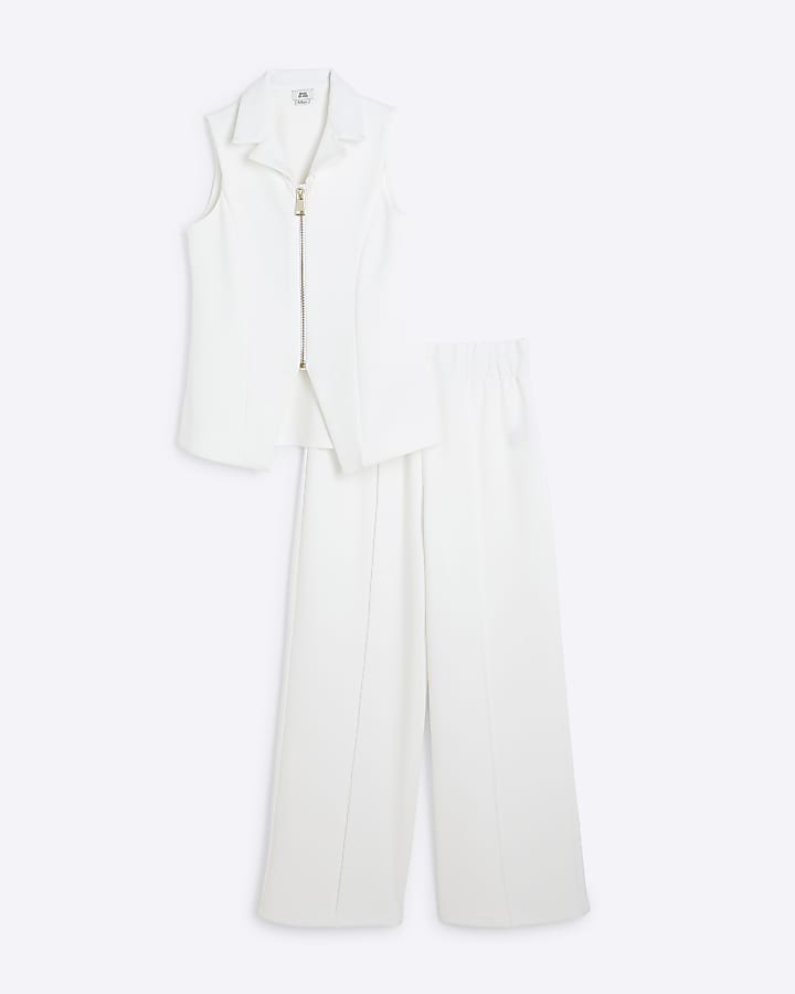 Girls White Zip Waistcoat Wide Leg Set