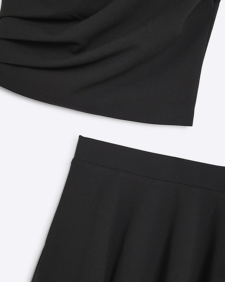 Girls Black Drape Top And Skirt Set