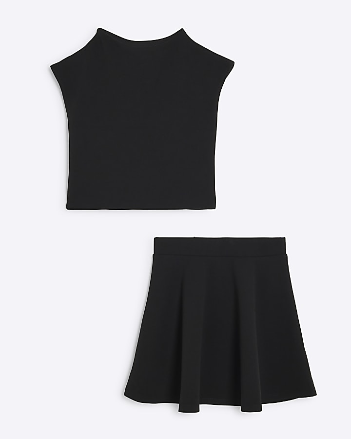 Girls Black Drape Top And Skirt Set