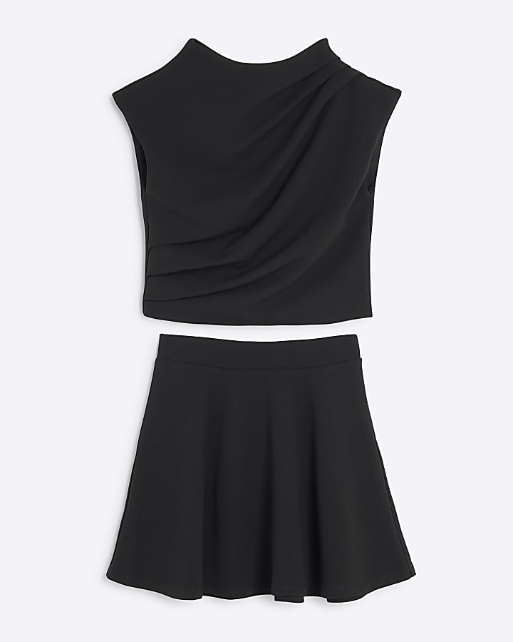 Girls Black Drape Top And Skirt Set