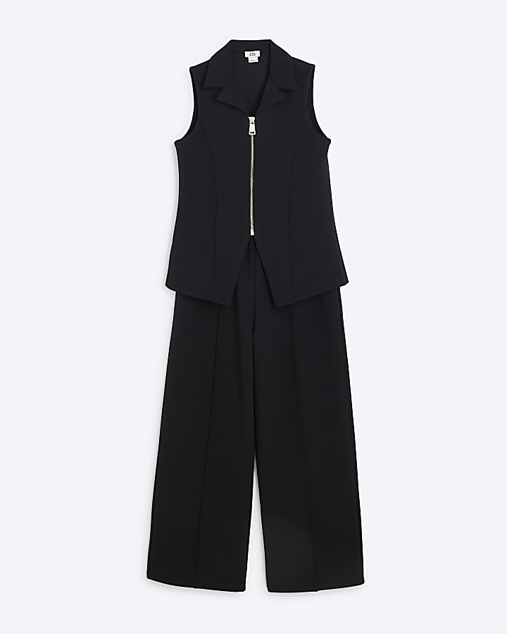 Girls Black Zip Waistcoat Wide Leg Set