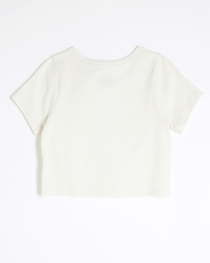 Girls Cream Ribbed Scoop Crop Top