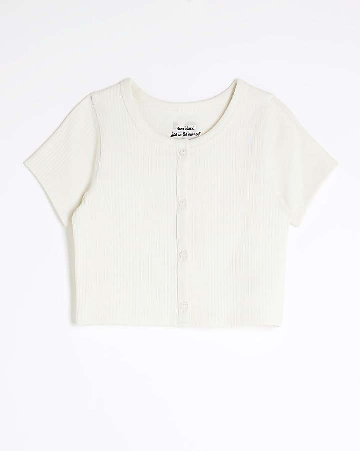 Girls Cream Ribbed Scoop Crop Top