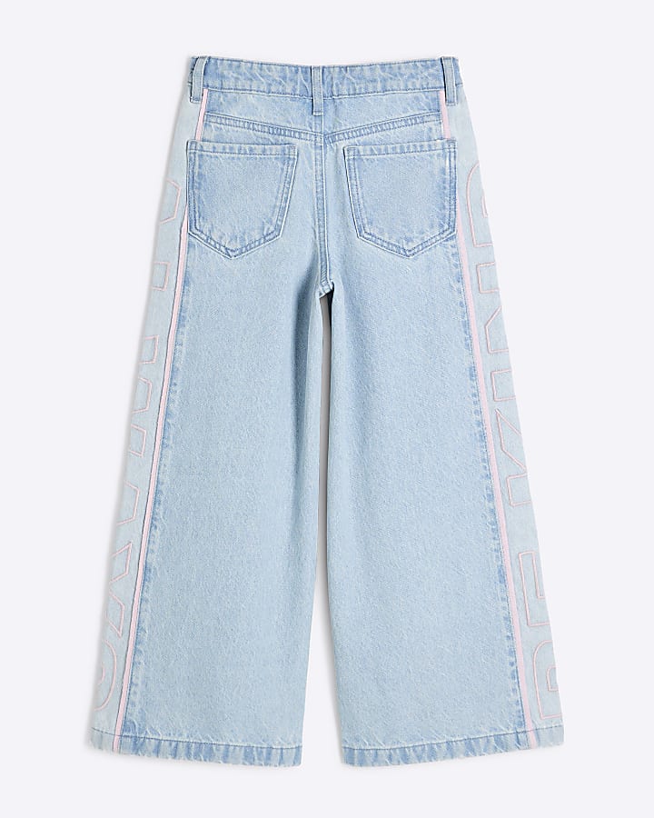 Girls Blue Wide Leg Embroidery Wordy Jeans