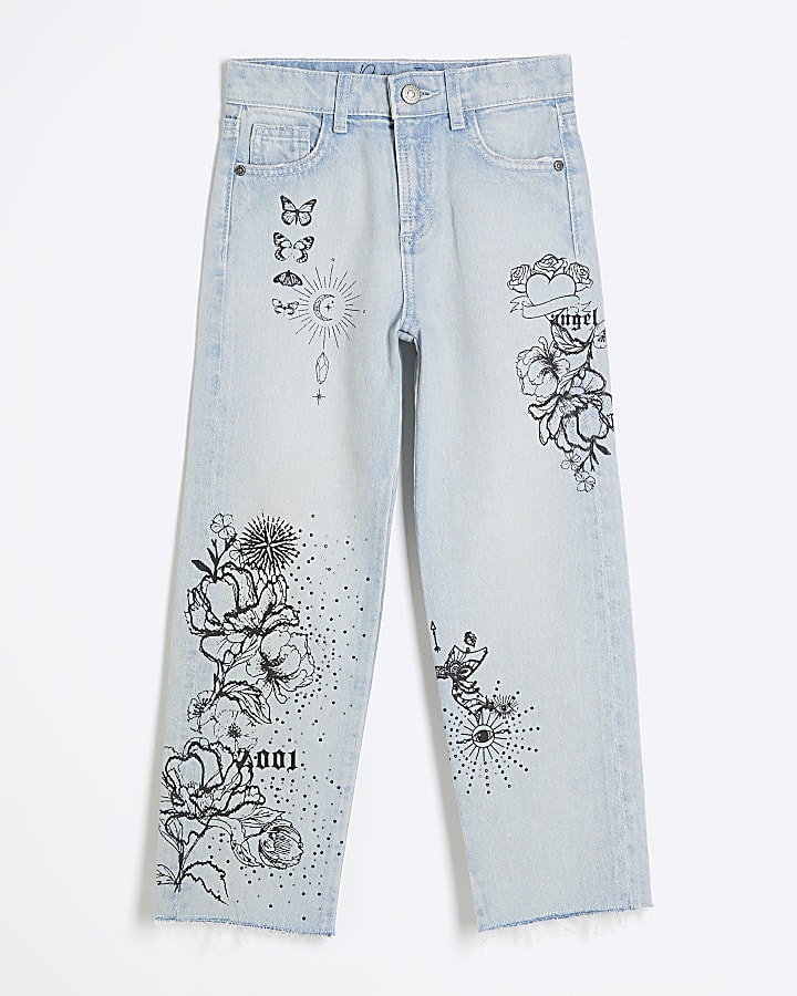 Girls Blue Denim Doodle Straight Jeans