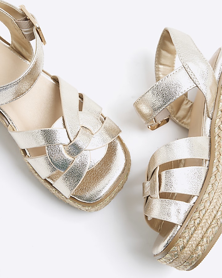 Girls Gold Faux Leather Weave Wedge Sandals