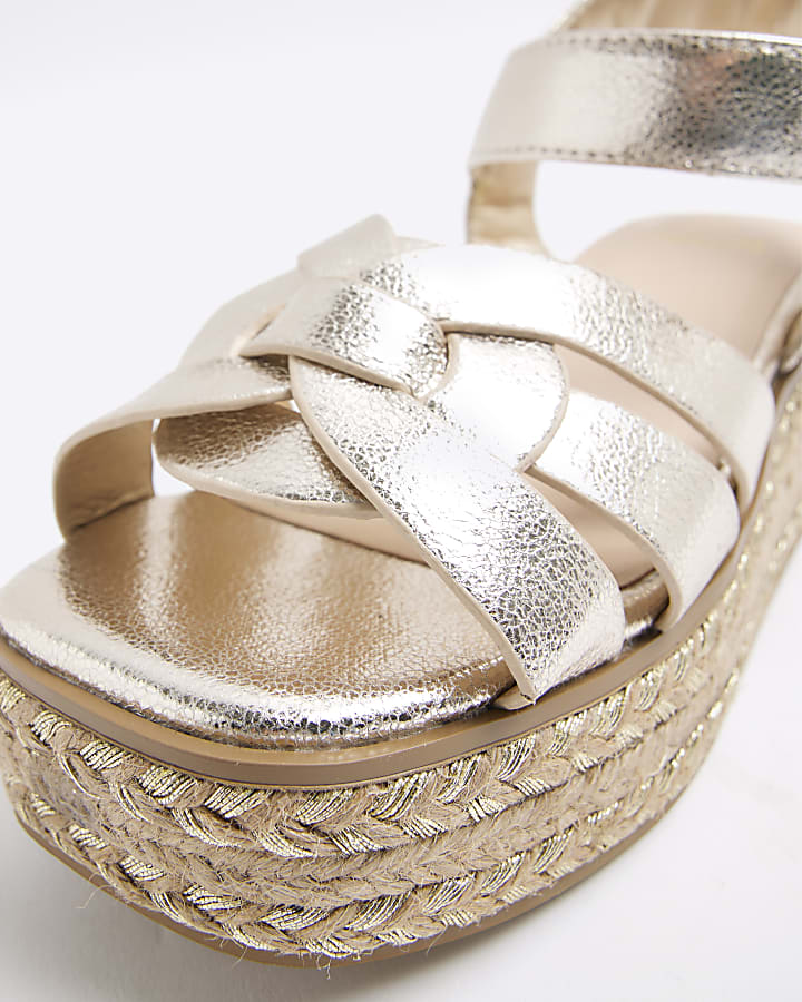 Girls Gold Faux Leather Weave Wedge Sandals