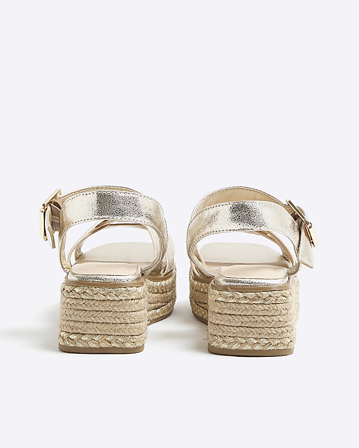 Girls Gold Faux Leather Weave Wedge Sandals