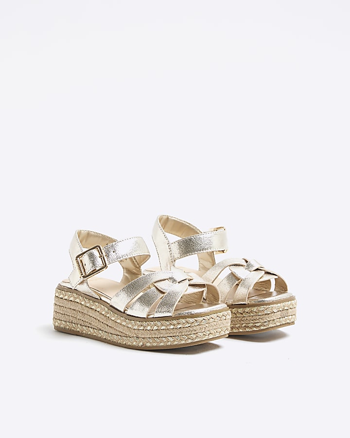 Girls Gold Faux Leather Weave Wedge Sandals