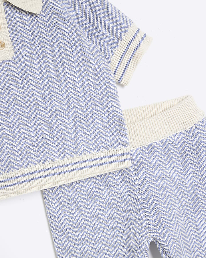 Baby Boys Blue Knitted Zig Zag Polo Shirt Set