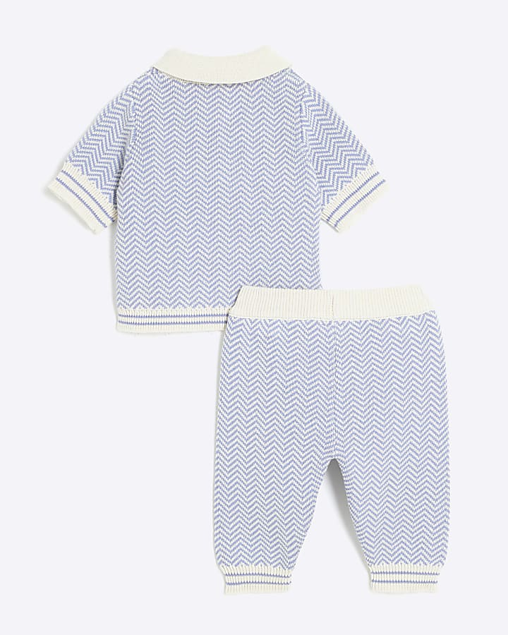 Baby Boys Blue Knitted Zig Zag Polo Shirt Set