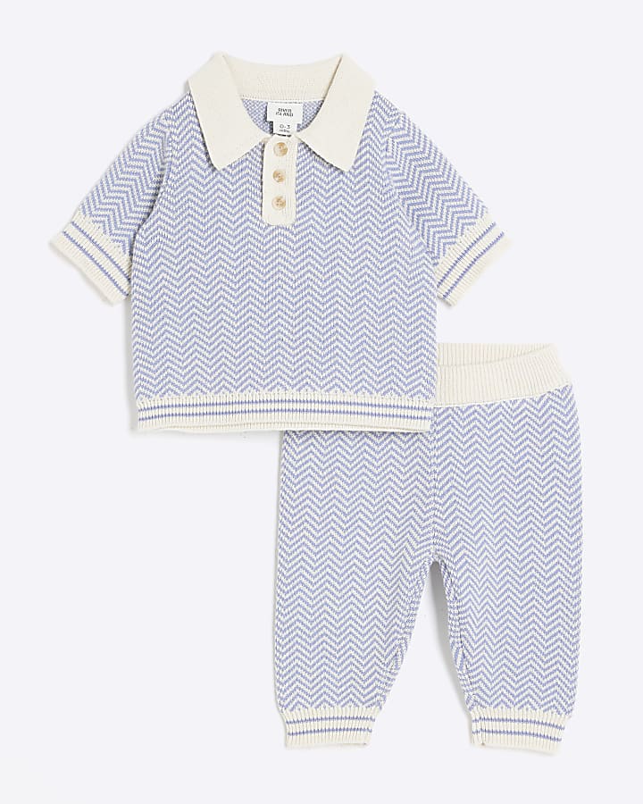 Baby Boys Blue Knitted Zig Zag Polo Shirt Set