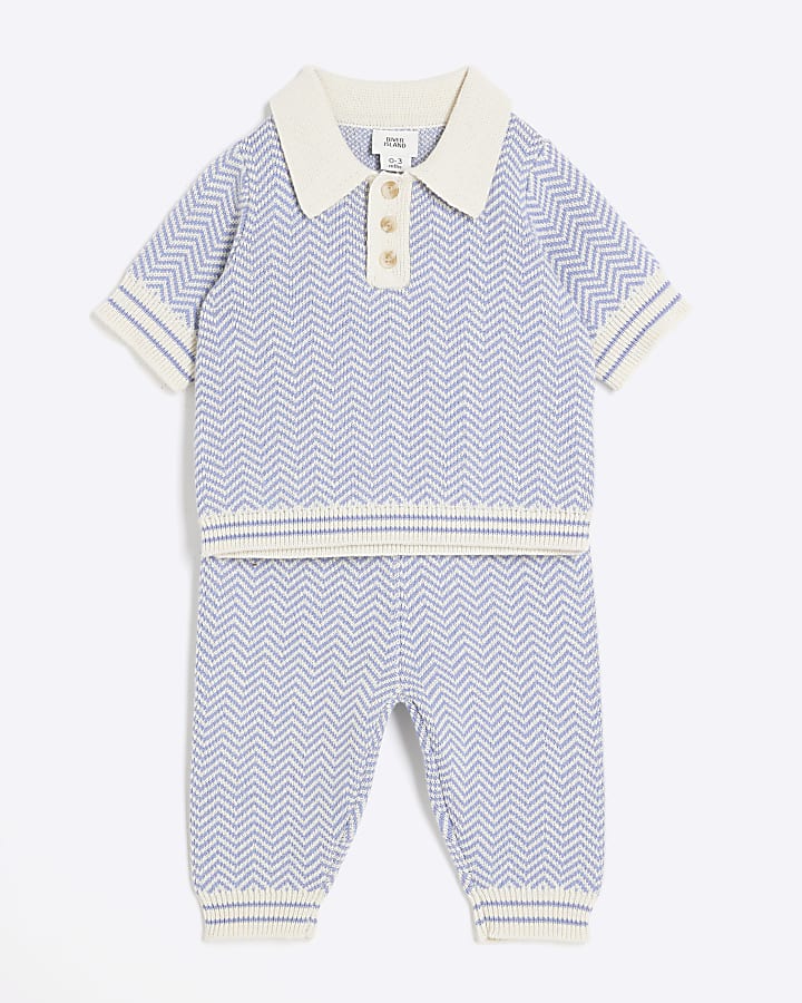 Baby Boys Blue Knitted Zig Zag Polo Shirt Set