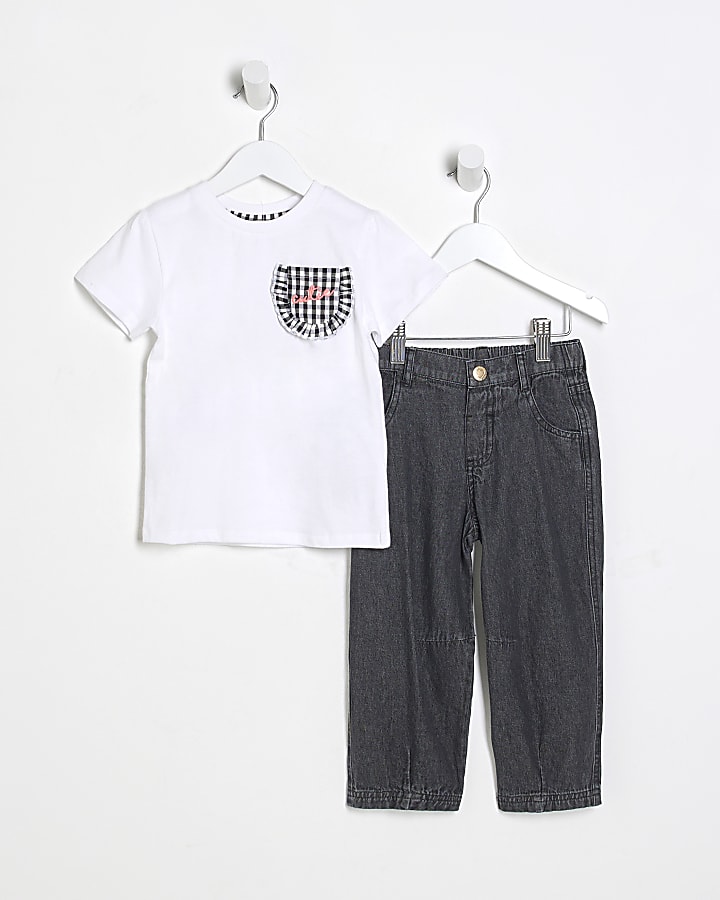 Mini Girls Black Gingham T-Shirt & Jeans Set