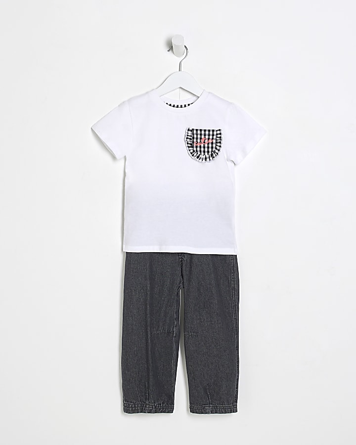 Mini Girls Black Gingham T-Shirt & Jeans Set