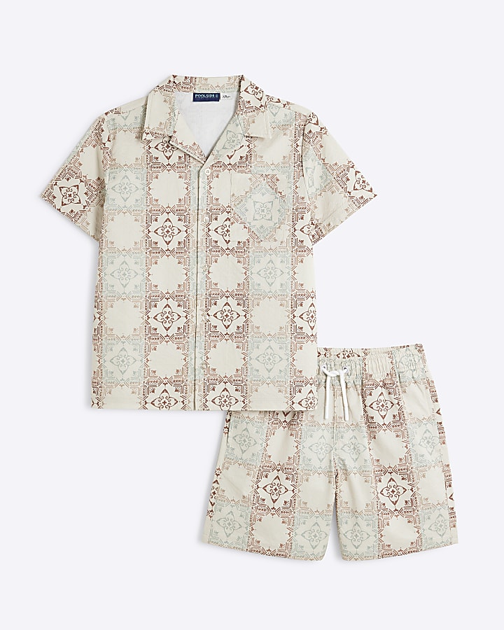 Boys Cream  Aztec Shirt And Shorts Set