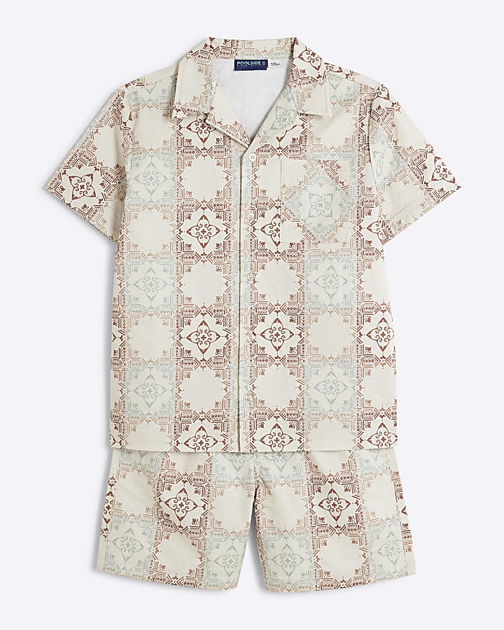 Boys Cream  Aztec Shirt And Shorts Set