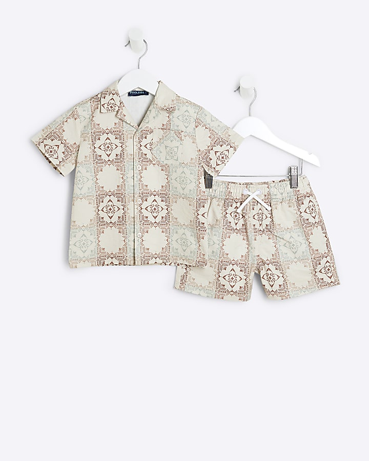 Mini Boys Cream Aztec Shirt And Shorts Set