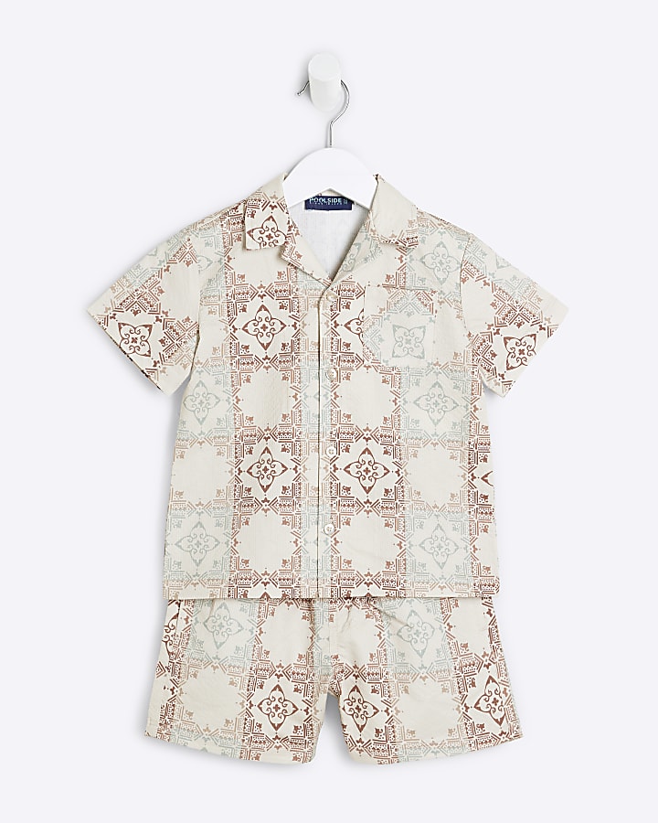 Mini Boys Cream Aztec Shirt & Swim Shorts Set
