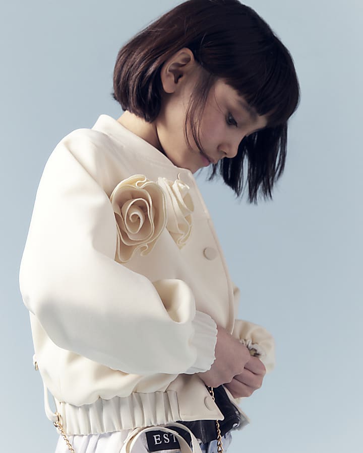 Girls Cream Corsage Bomber Jacket