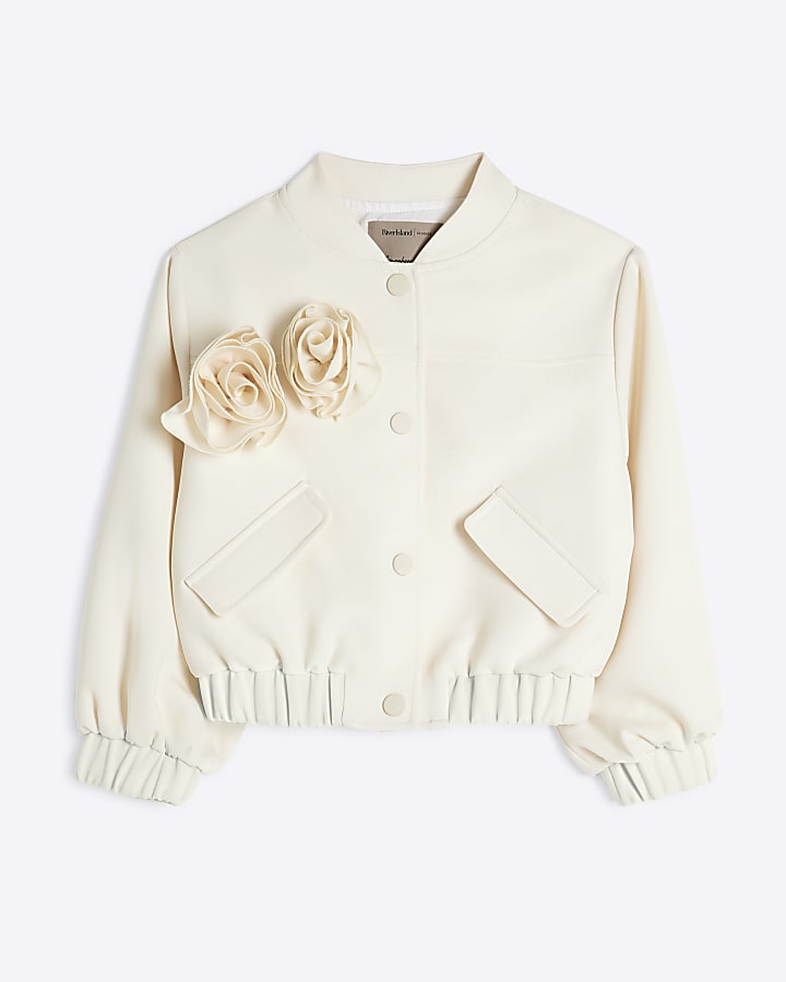 Girls Cream Corsage Bomber Jacket