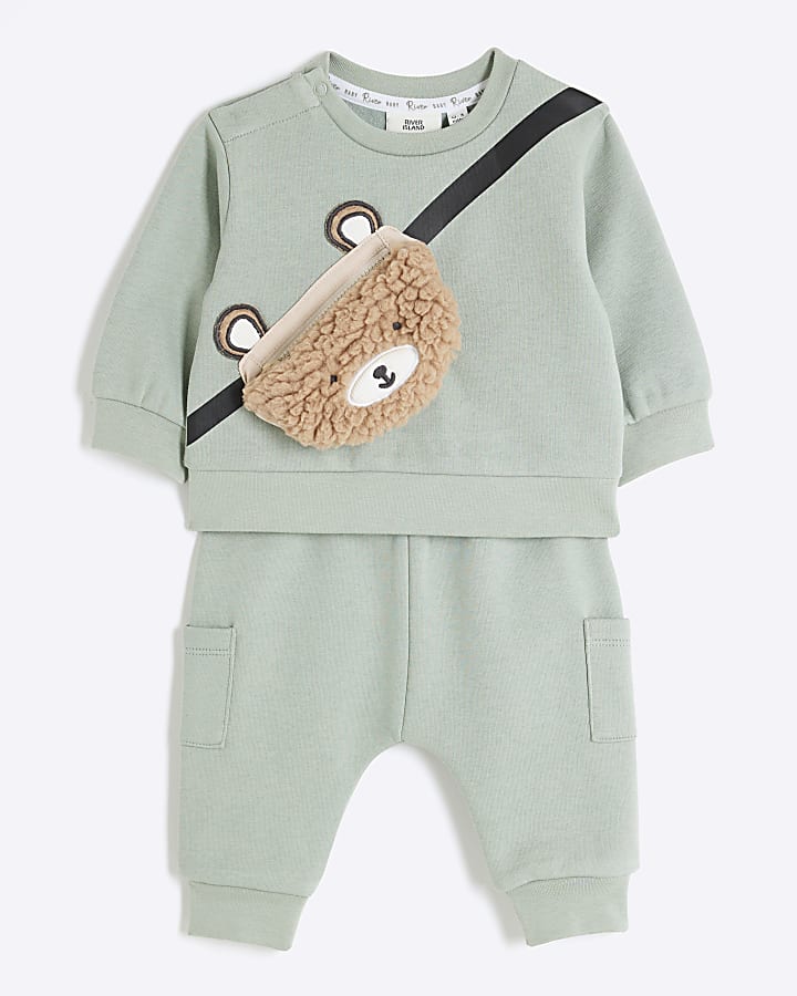 Baby Boys Khaki Borg Bear Sweatshirt Set