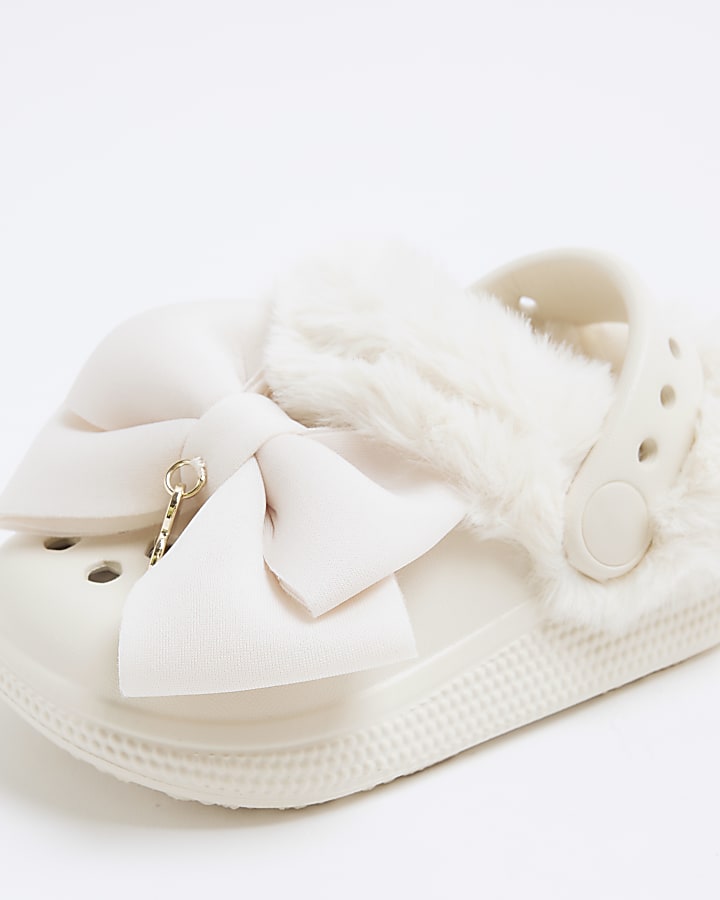 Mini Girls Cream Bow Faux Fur Lined Clogs