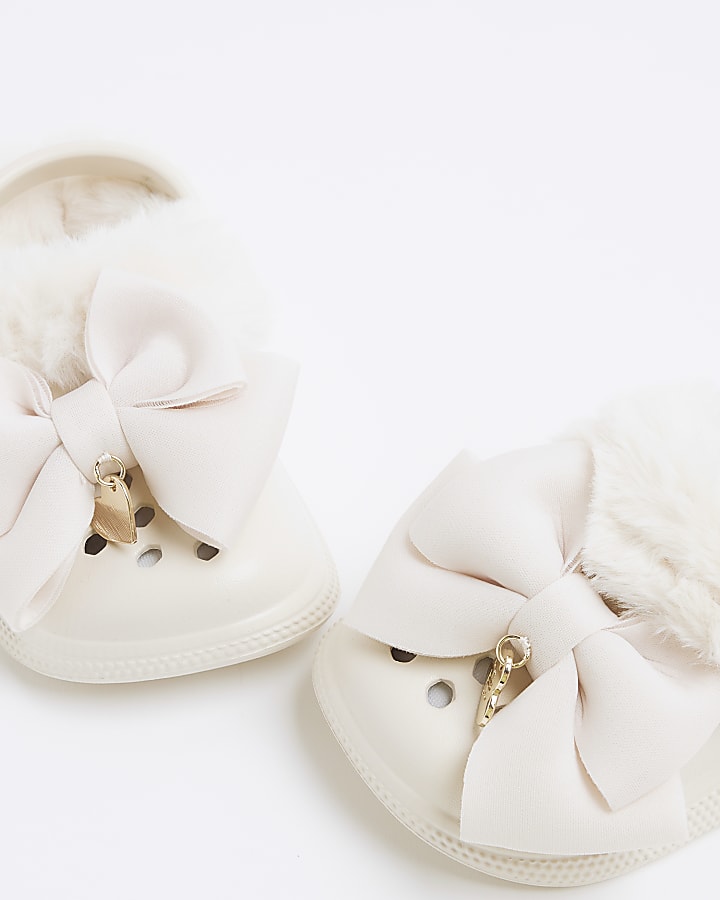 Mini Girls Cream Bow Faux Fur Lined Clogs