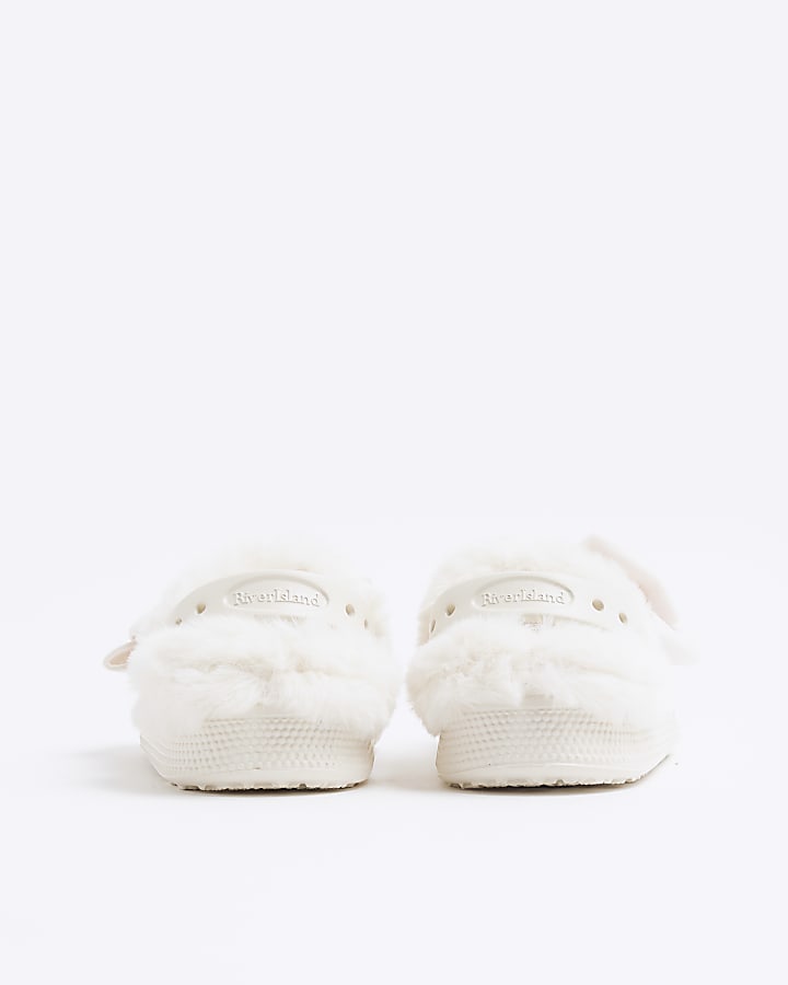 Mini Girls Cream Bow Faux Fur Lined Clogs