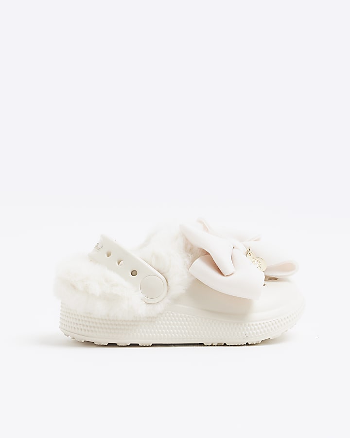 Mini Girls Cream Bow Faux Fur Lined Clogs