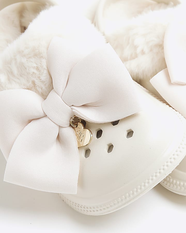 Girls Cream Bow Faux Fur Lined Clogs