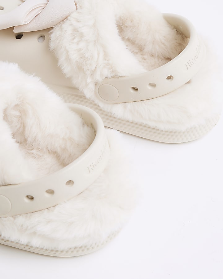 Girls Cream Bow Faux Fur Lined Clogs