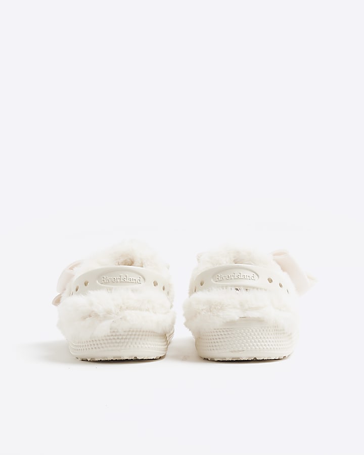 Girls Cream Bow Faux Fur Lined Clogs