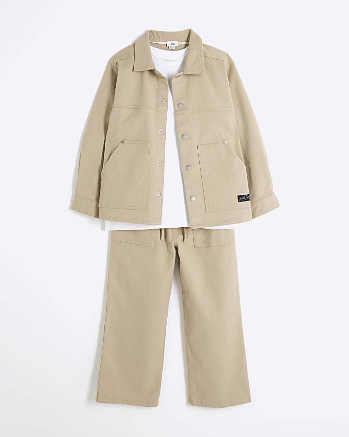 Boys Beige Washed Twill Shacket Set
